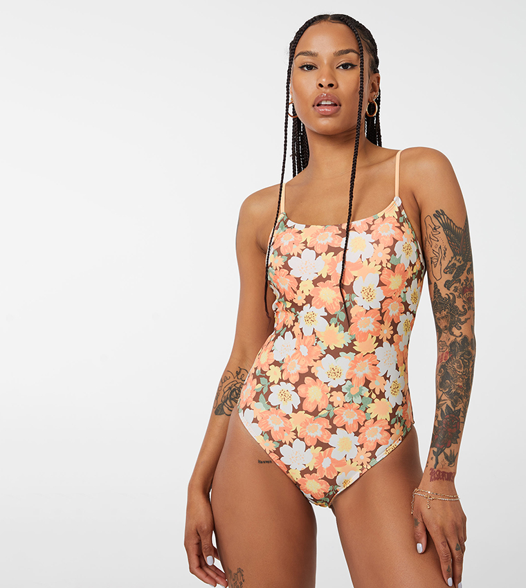 Buy Ardene Retro Floral Open Back Swimsuit In Orange 6thStreet UAE