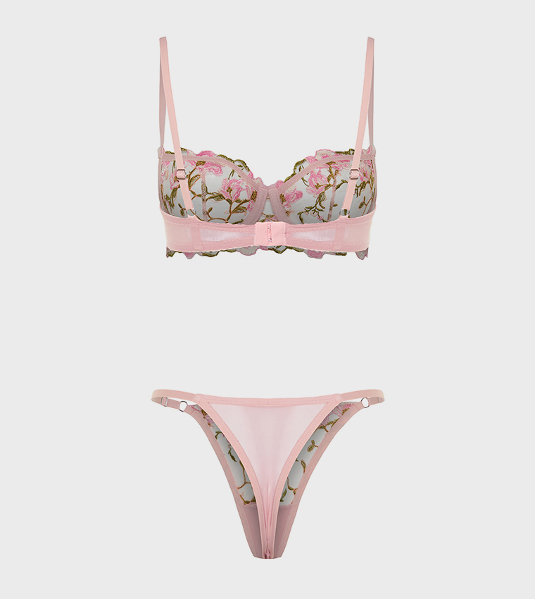 Buy Trendyol Floral Embroidered Capless Lingerie Set In Pink