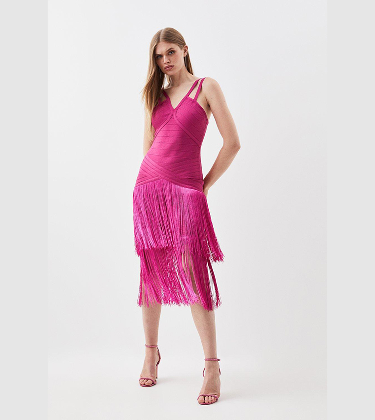 Buy Karen Millen Figure Form Bandage Fringe Knit Midi Dress In Fuchsia