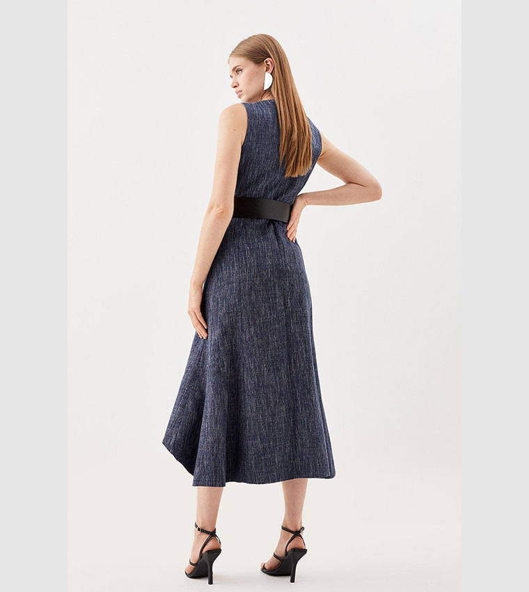 Buy Karen Millen Denim Tweed High Neck Waterfall Hem Midi Dress In Blue