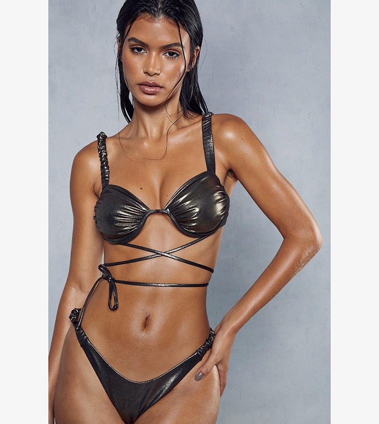 Buy Misspap Metallic Ruched Strappy Cross Bikini Set In Black