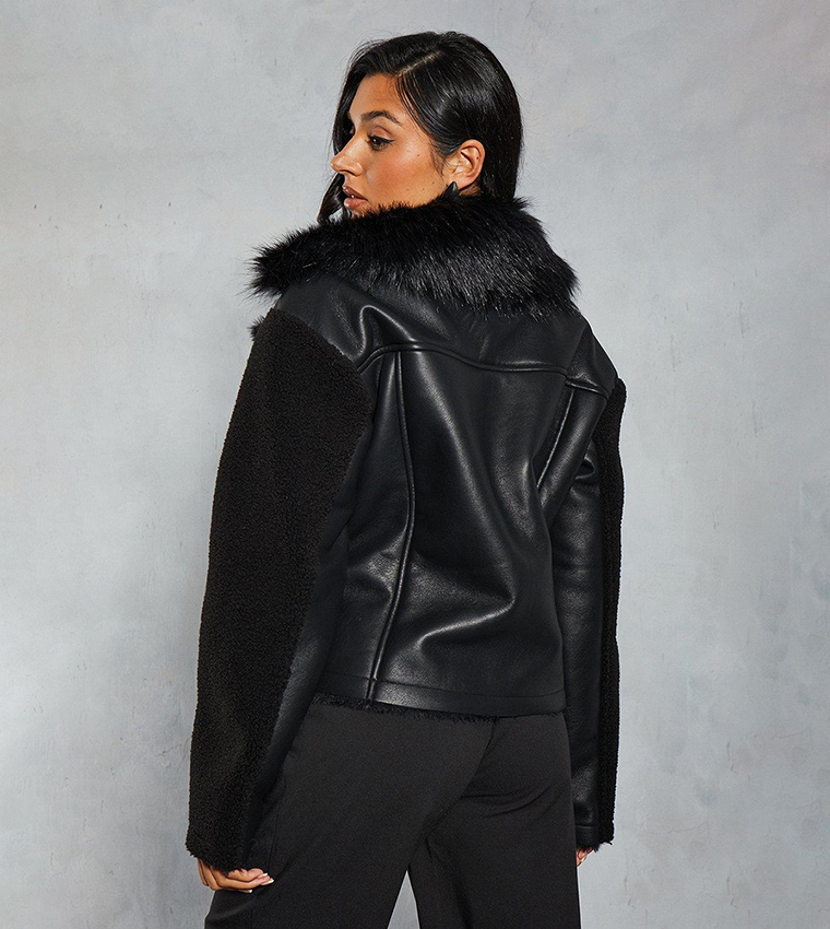 Buy Misspap Faux Fur And Borg Paneled Leather Look Aviator Coat In