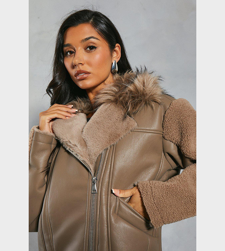 Buy Misspap Faux Fur And Borg Paneled Leather Look Aviator Coat In