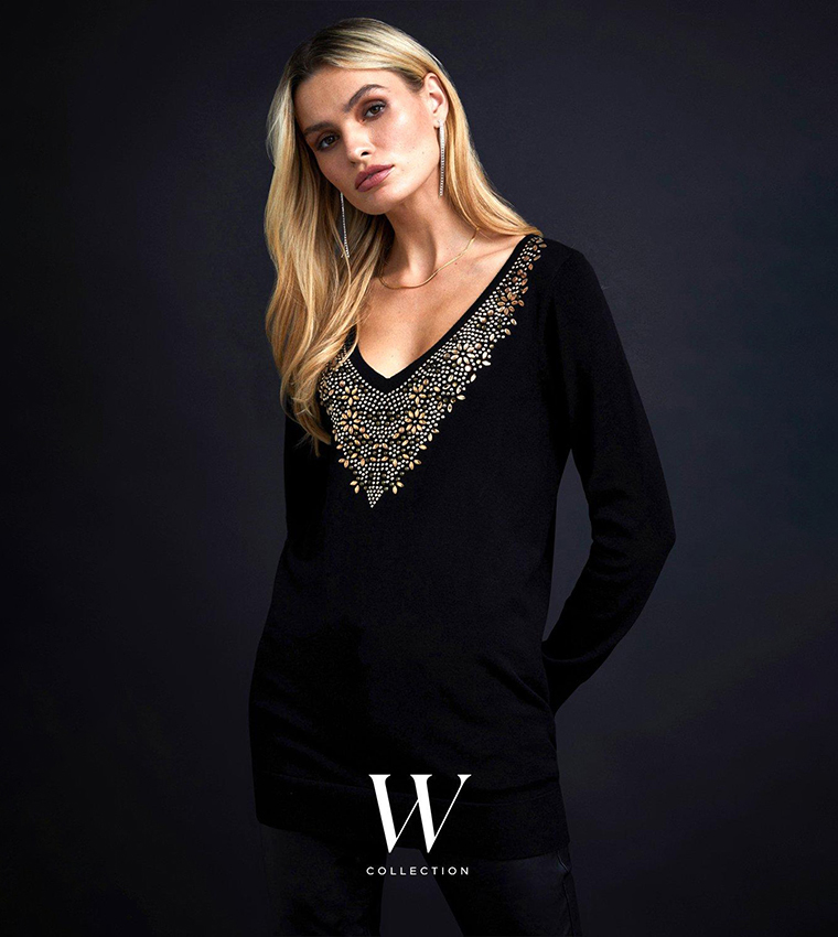 Buy Wallis Gold Cluster Hotfix V Neck Jumper In Black Thstreet Qatar