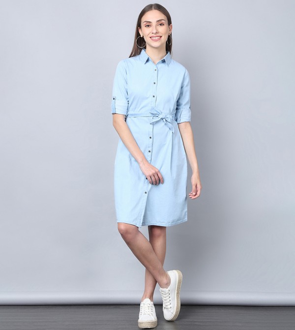 Buy HIS HERS Casual Belted Denim Shirt Dress In Blue 6thStreet Qatar