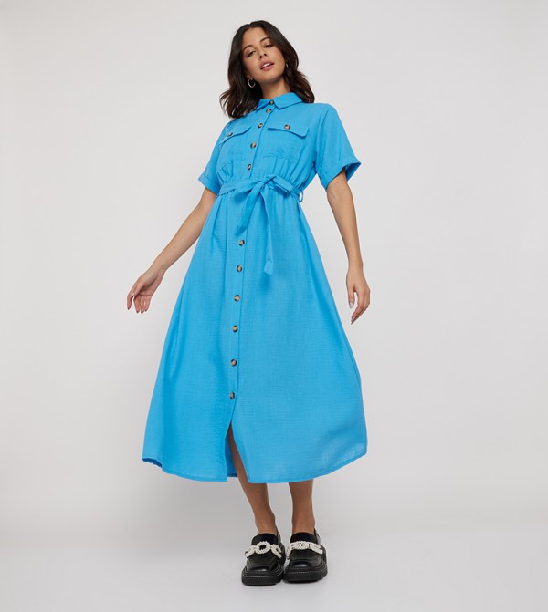 Buy HYA Solid Belted Shirt Dress In Blue 6thStreet Bahrain