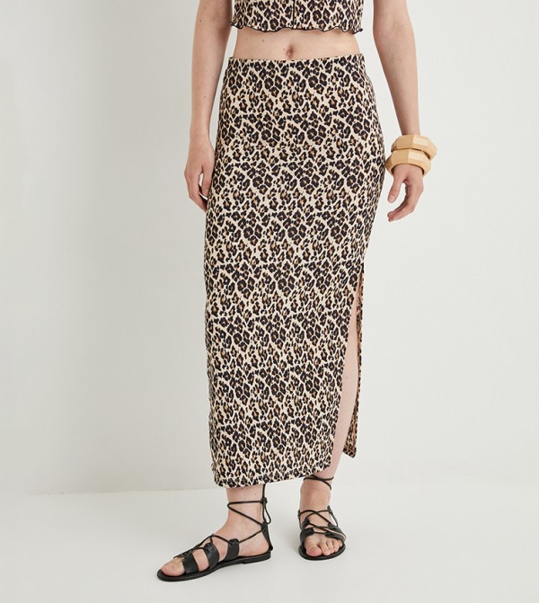 Buy Koton Leopard Print Elastic Waist Maxi Skirt In Black Thstreet