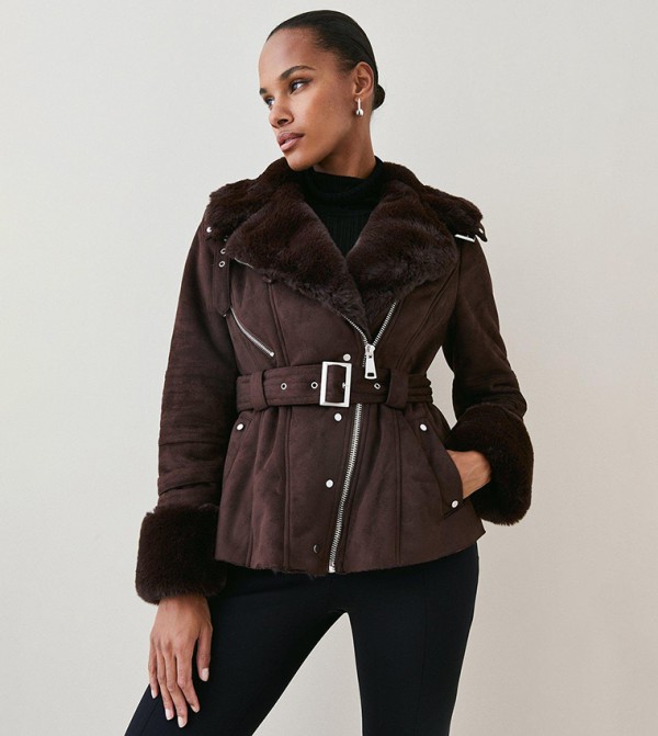 Buy Karen Millen Faux Shearling Belted Biker Jacket In Brown