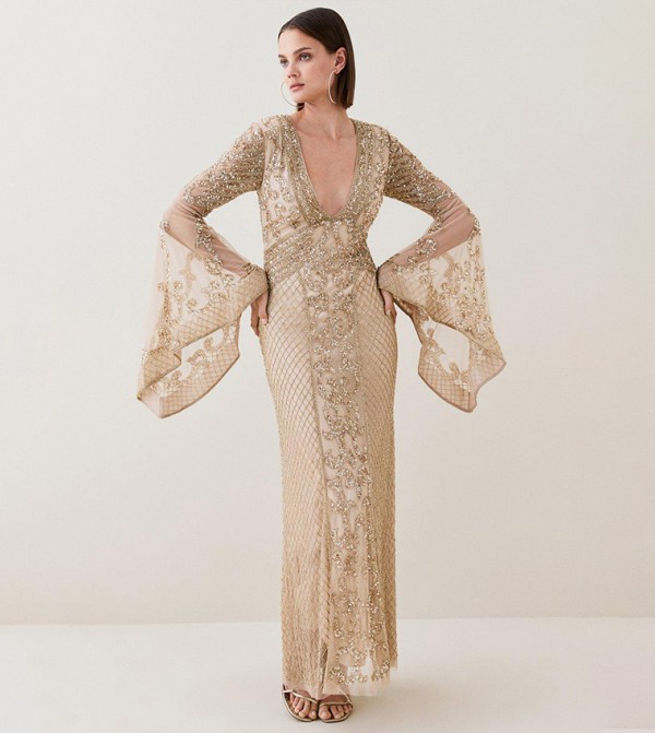 Buy Karen Millen Embellished Kimono Sleeve Beaded Maxi Dress In Gold