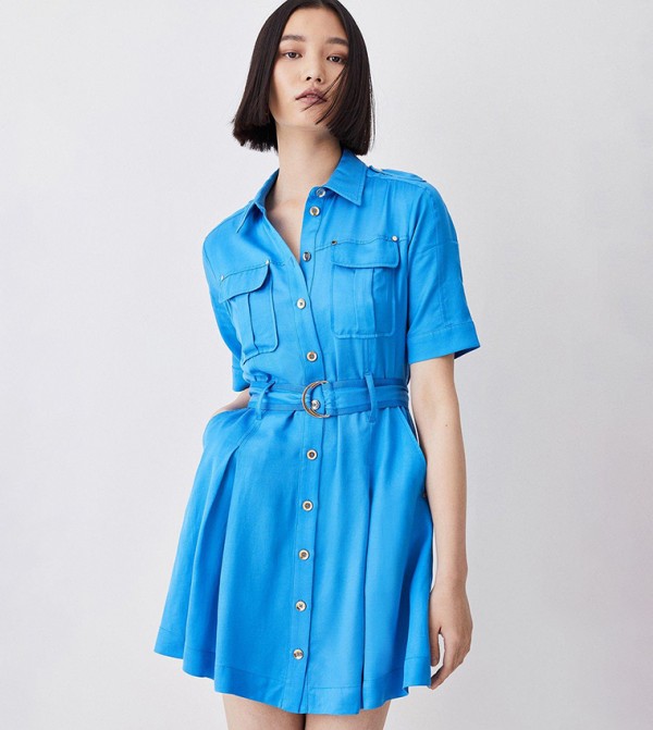 Buy Karen Millen Premium Linen Mini Shirt Dress In Blue 6thStreet Qatar