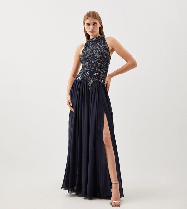 Buy Karen Millen Crystal Embellished Woven Halter Maxi Dress In Navy