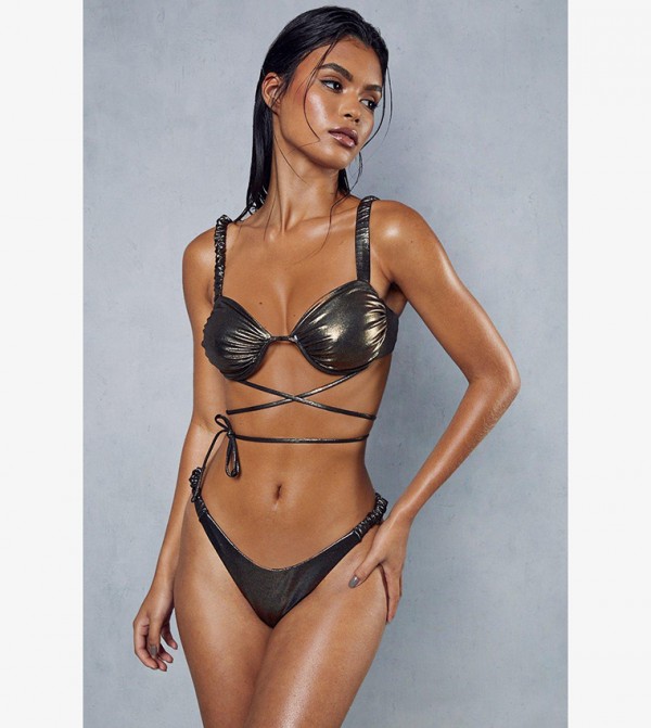 Buy MissPap Metallic Ruched Strappy Cross Bikini Set In Black