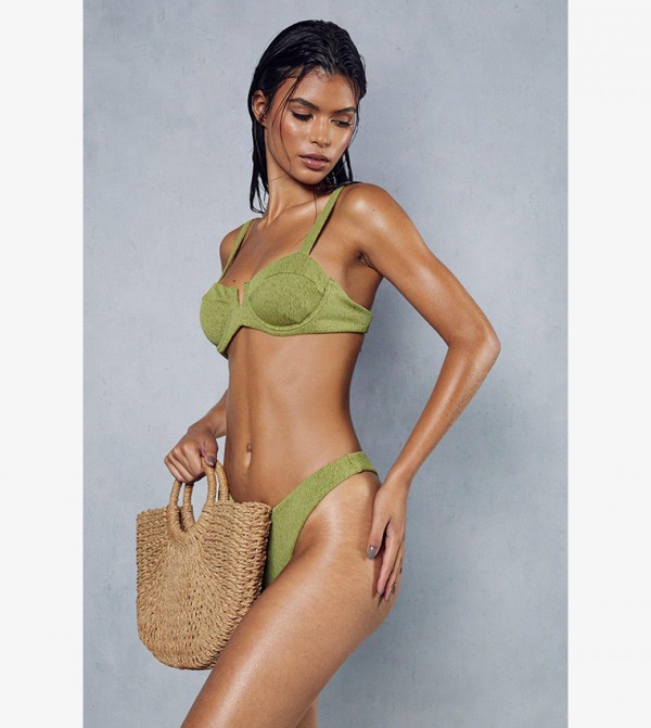 Buy Misspap Crinkle Textured V Bar Cupped Bikini Set In Khaki