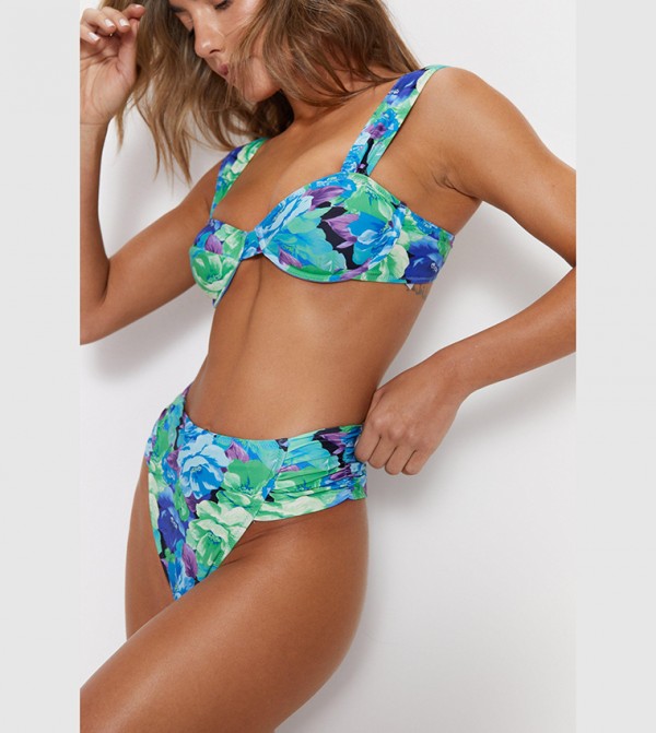 Buy Warehouse Recycled Floral Underwire Ruched Bikini Set In Blue