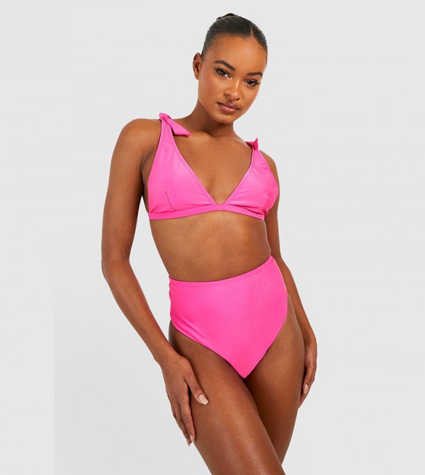 Buy Boohoo Tall Tie Shoulder Plunge High Waist Bikini Set In Pink