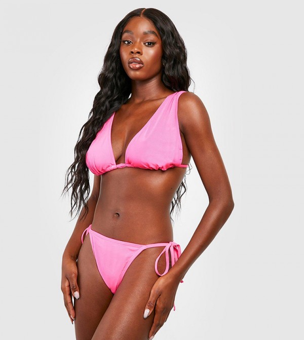 Buy Boohoo Ribbed Wide Triangle Tie Back Bikini Top In Pink Thstreet