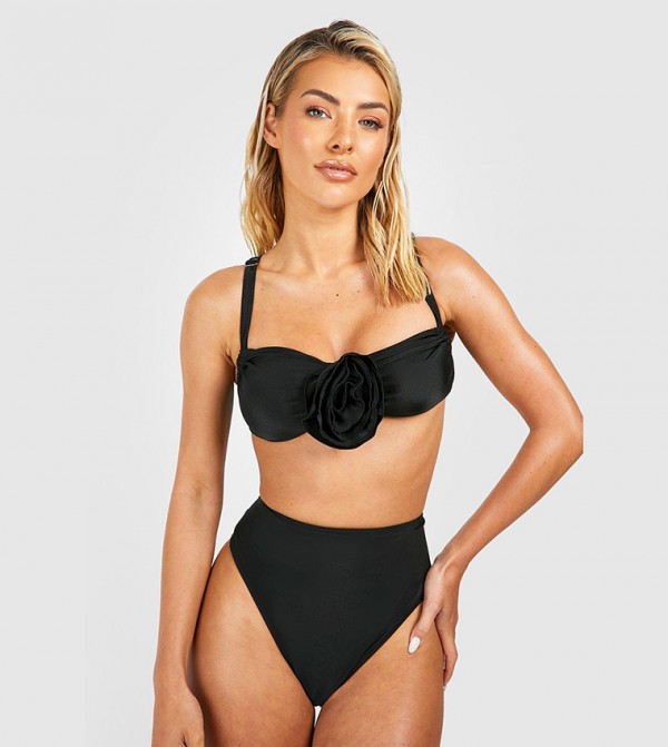 Buy Boohoo Rose Corsage Strappy Padded Bikini Set In Black Thstreet