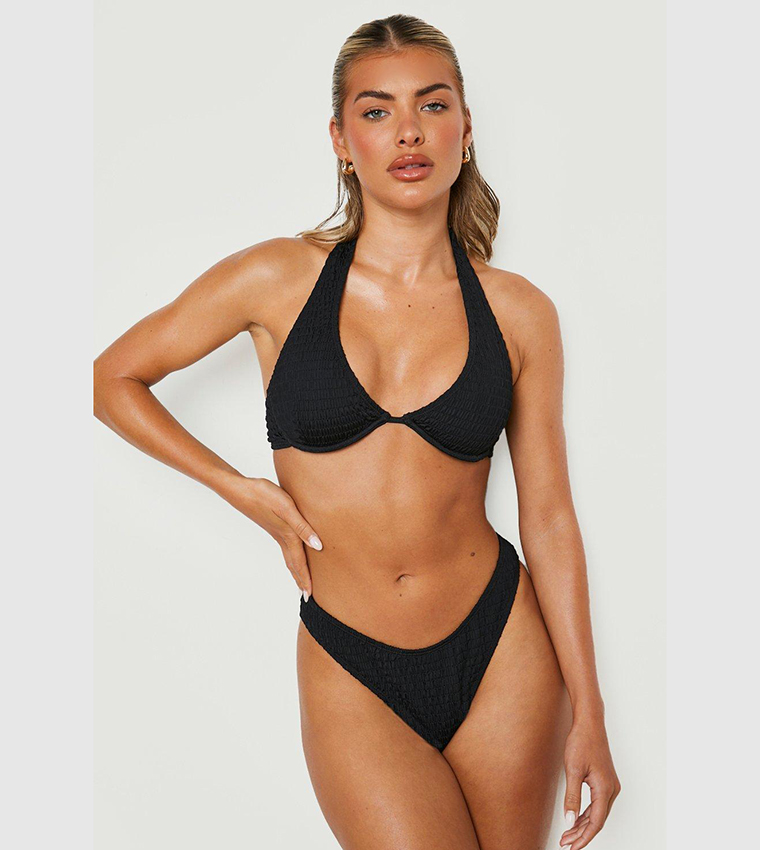 Buy Boohoo Shirred Underwired Halterneck Bikini Top In Black