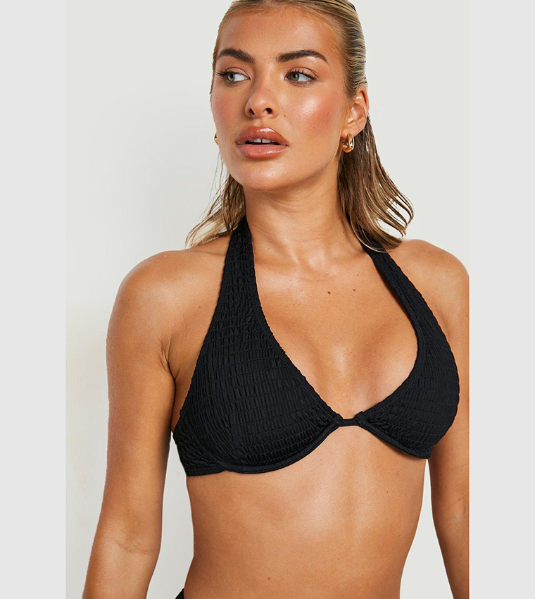 Buy Boohoo Shirred Underwired Halterneck Bikini Top In Black