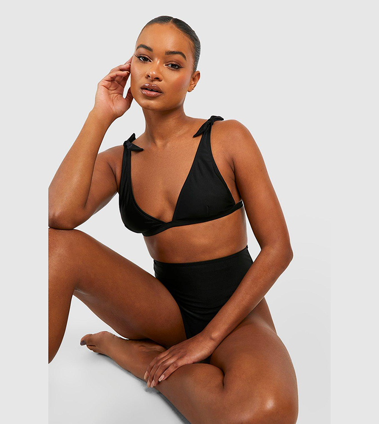 Buy Boohoo Tall Tie Shoulder Plunge High Waist Bikini Set In Black