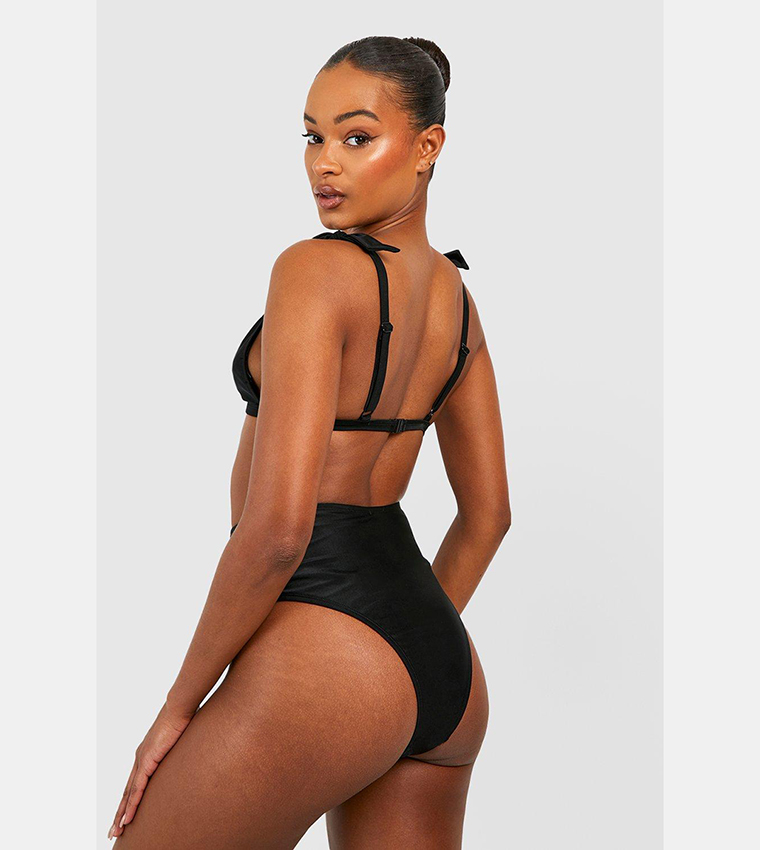 Buy Boohoo Tall Tie Shoulder Plunge High Waist Bikini Set In Black