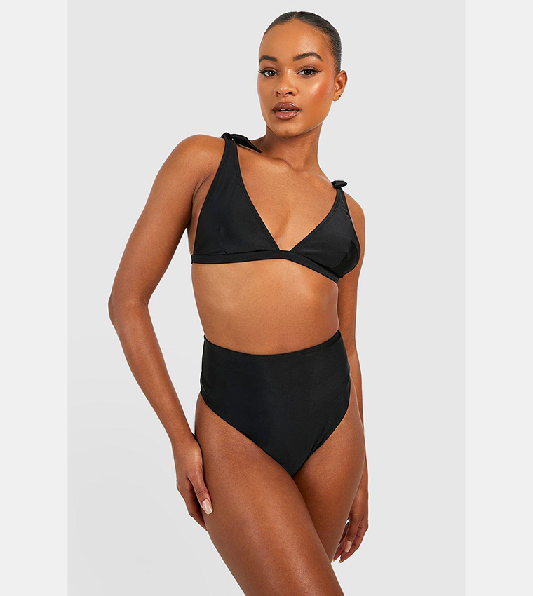 Buy Boohoo Tall Tie Shoulder Plunge High Waist Bikini Set In Black