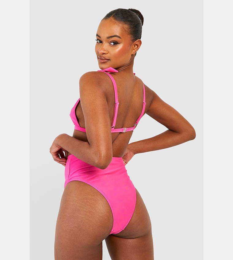 Buy Boohoo Tall Tie Shoulder Plunge High Waist Bikini Set In Pink