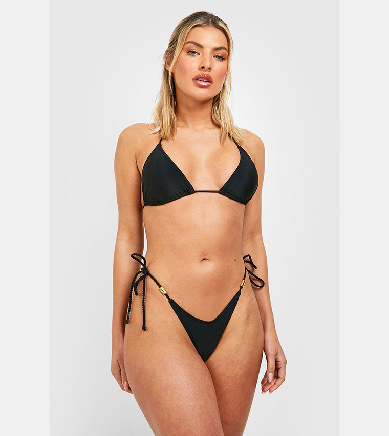 Buy Boohoo Rope Gold Detail Tie Side Bikini Brief In Black Thstreet