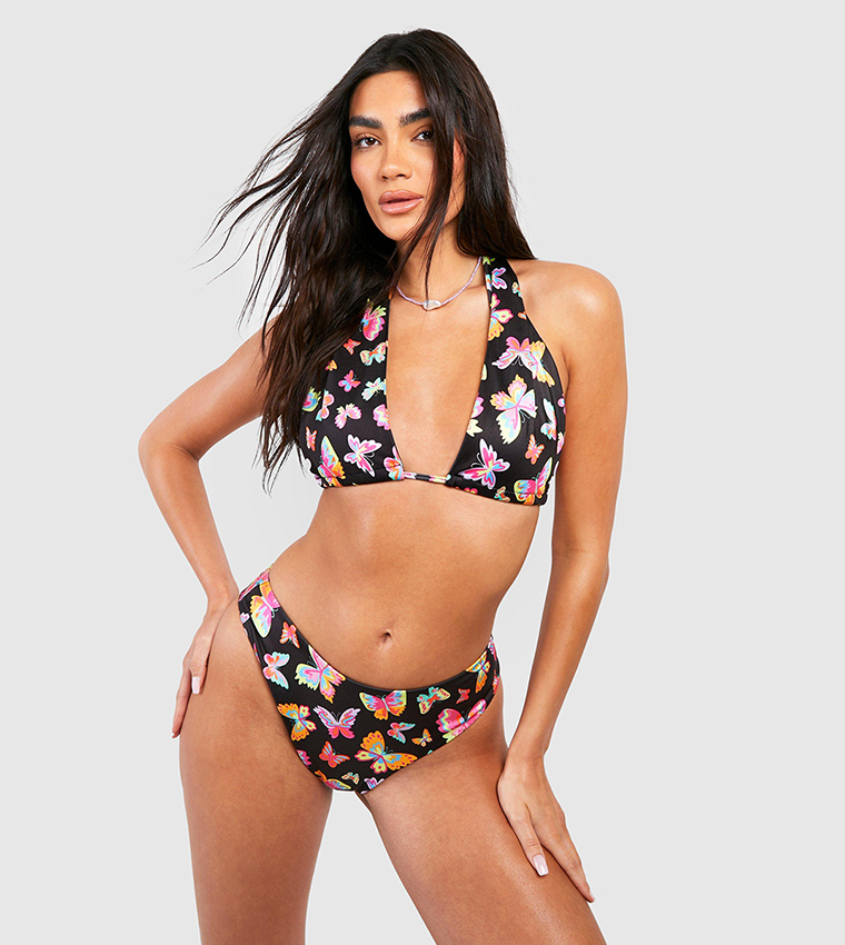 Buy Boohoo Butterfly Triangle High Waisted Bikini Set In Black