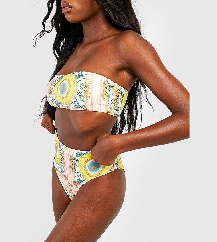 Buy Boohoo Scarf Print Bandeau High Waisted Bikini Set In White