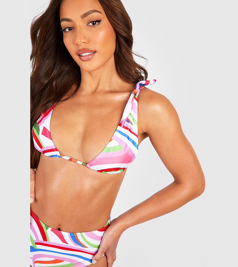 Buy Boohoo Tall Abstract Stripe Tie Shoulder High Waist Bikini Set In