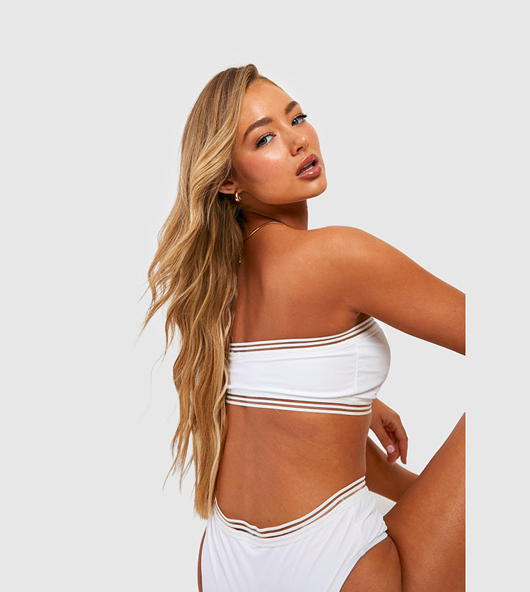 Buy Boohoo Mesh Detail Bandeau High Waisted Bikini Set In White