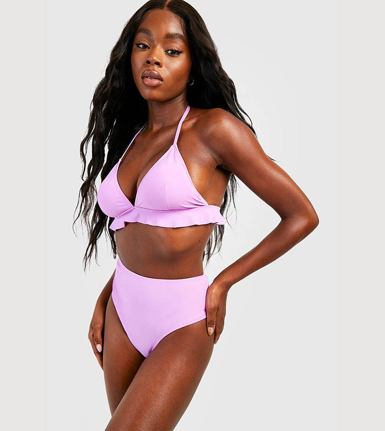 Buy Boohoo Maldives Ruffle High Waisted Bikini Set In Purple