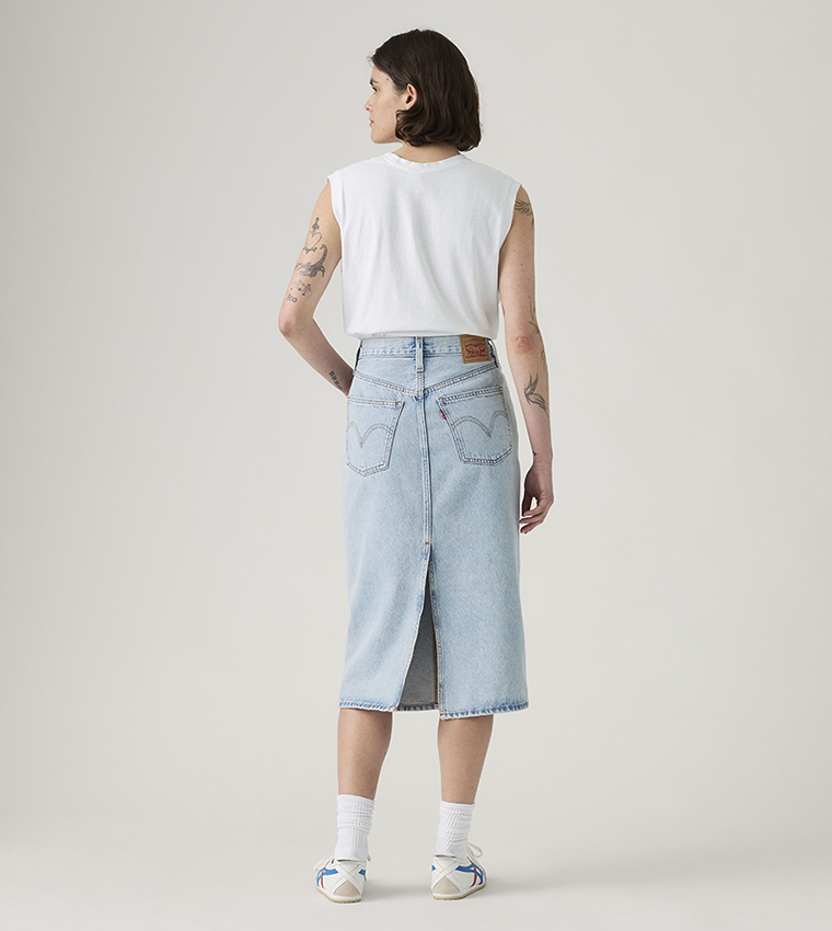 Washed High Rise Back Slit Midi Skirt