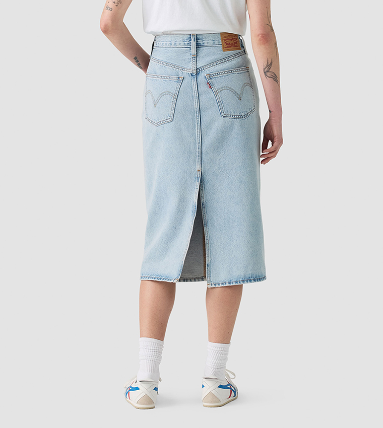 Washed High Rise Back Slit Midi Skirt