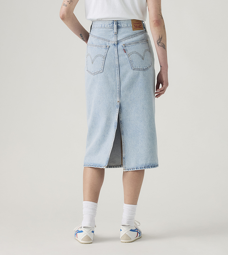 Washed High Rise Back Slit Midi Skirt