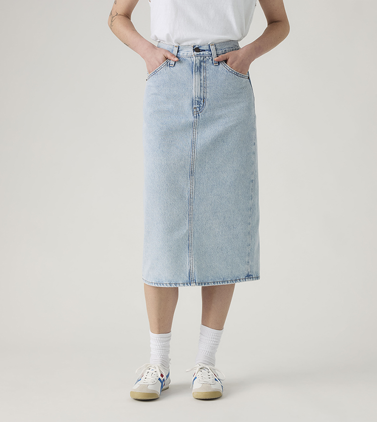 Washed High Rise Back Slit Midi Skirt
