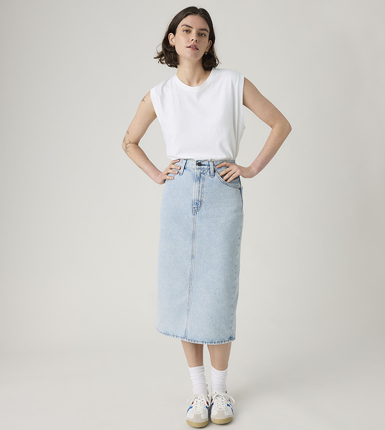 Washed High Rise Back Slit Midi Skirt