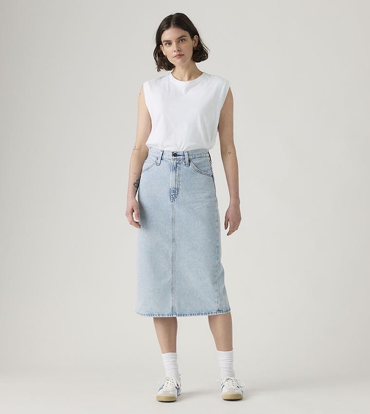 Washed High Rise Back Slit Midi Skirt