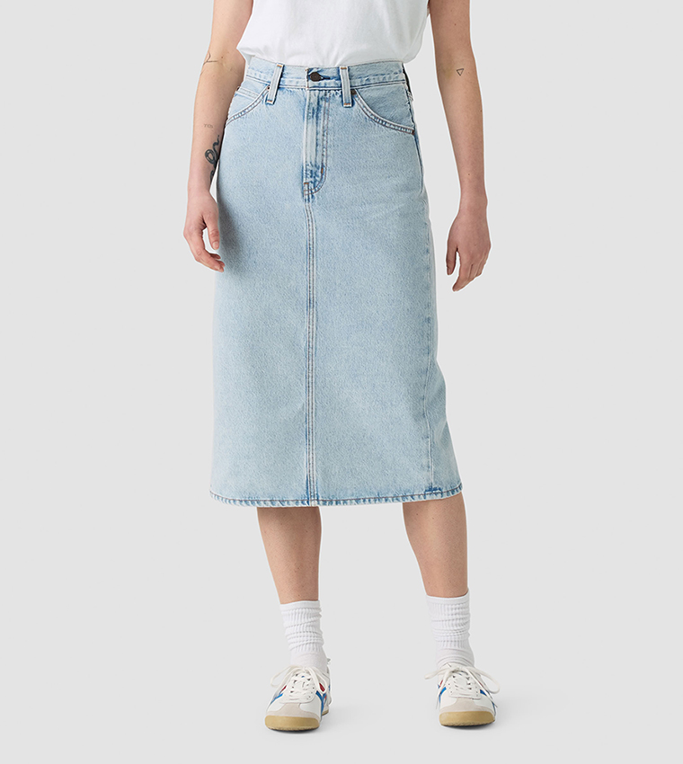 Washed High Rise Back Slit Midi Skirt