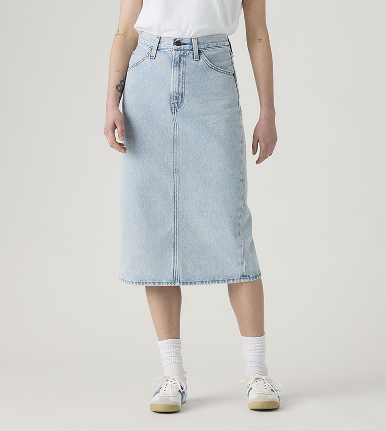 Washed High Rise Back Slit Midi Skirt