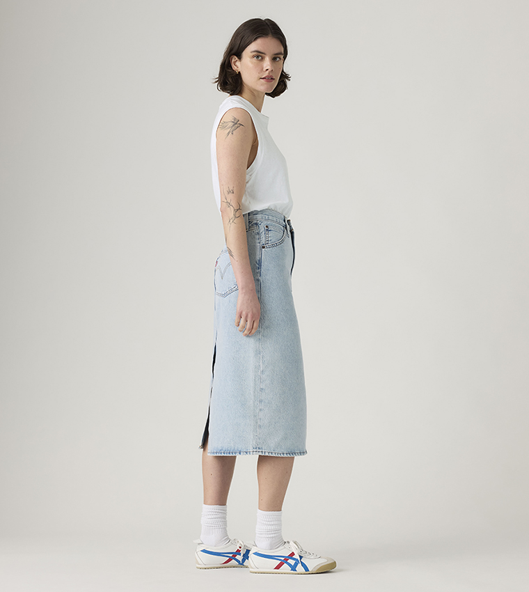 Washed High Rise Back Slit Midi Skirt