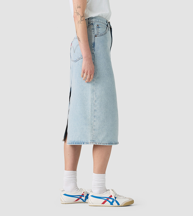 Washed High Rise Back Slit Midi Skirt
