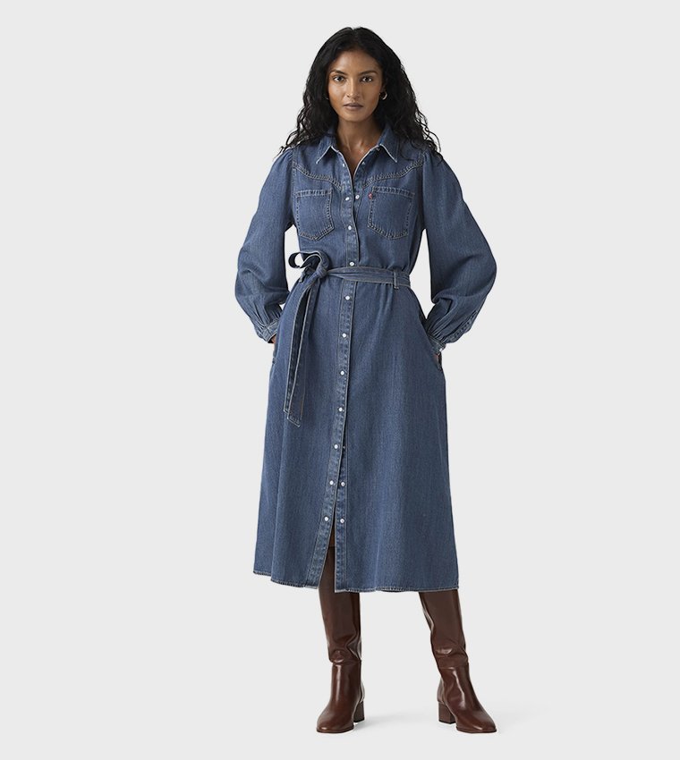 فستان جينز ميدي بكم طويل 