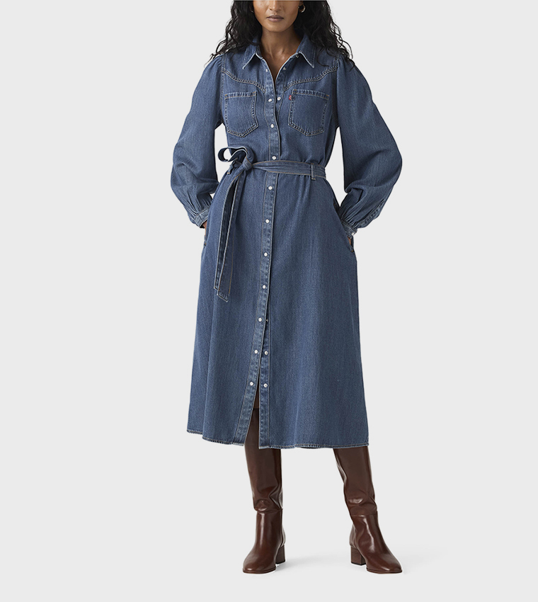 فستان جينز ميدي بكم طويل 