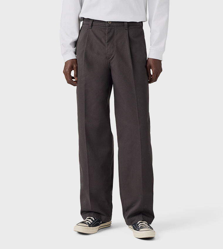 Solid Loose Fit Pleated Chinos