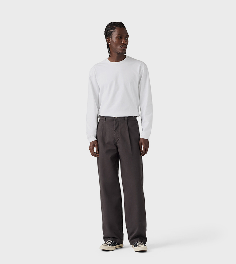 Solid Loose Fit Pleated Chinos