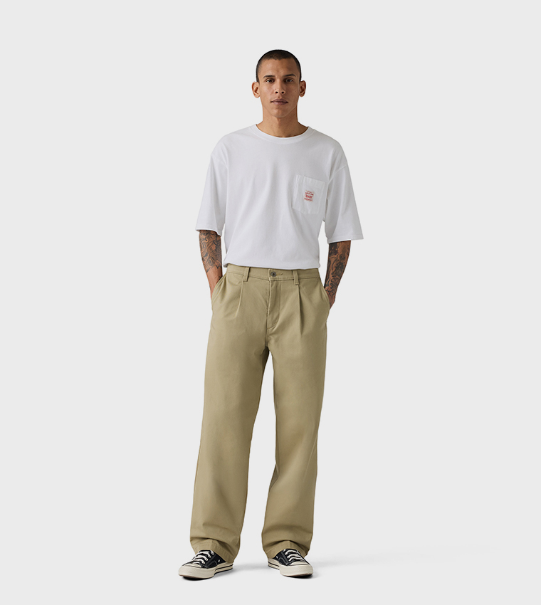 Solid Loose Fit Pleated Chinos