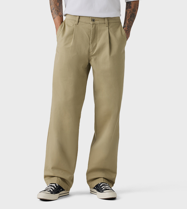 Solid Loose Fit Pleated Chinos