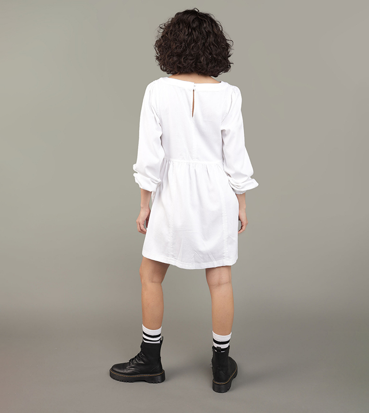 Solid Puff Sleeves Denim Mini Dress